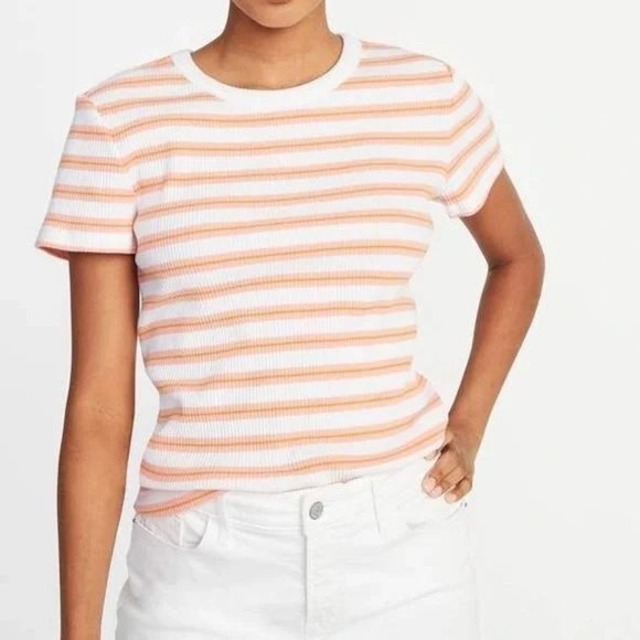 Old Navy Slim Fit Coral White Striped Knit Ringer Crewneck Tee Small - Picture 2 of 8